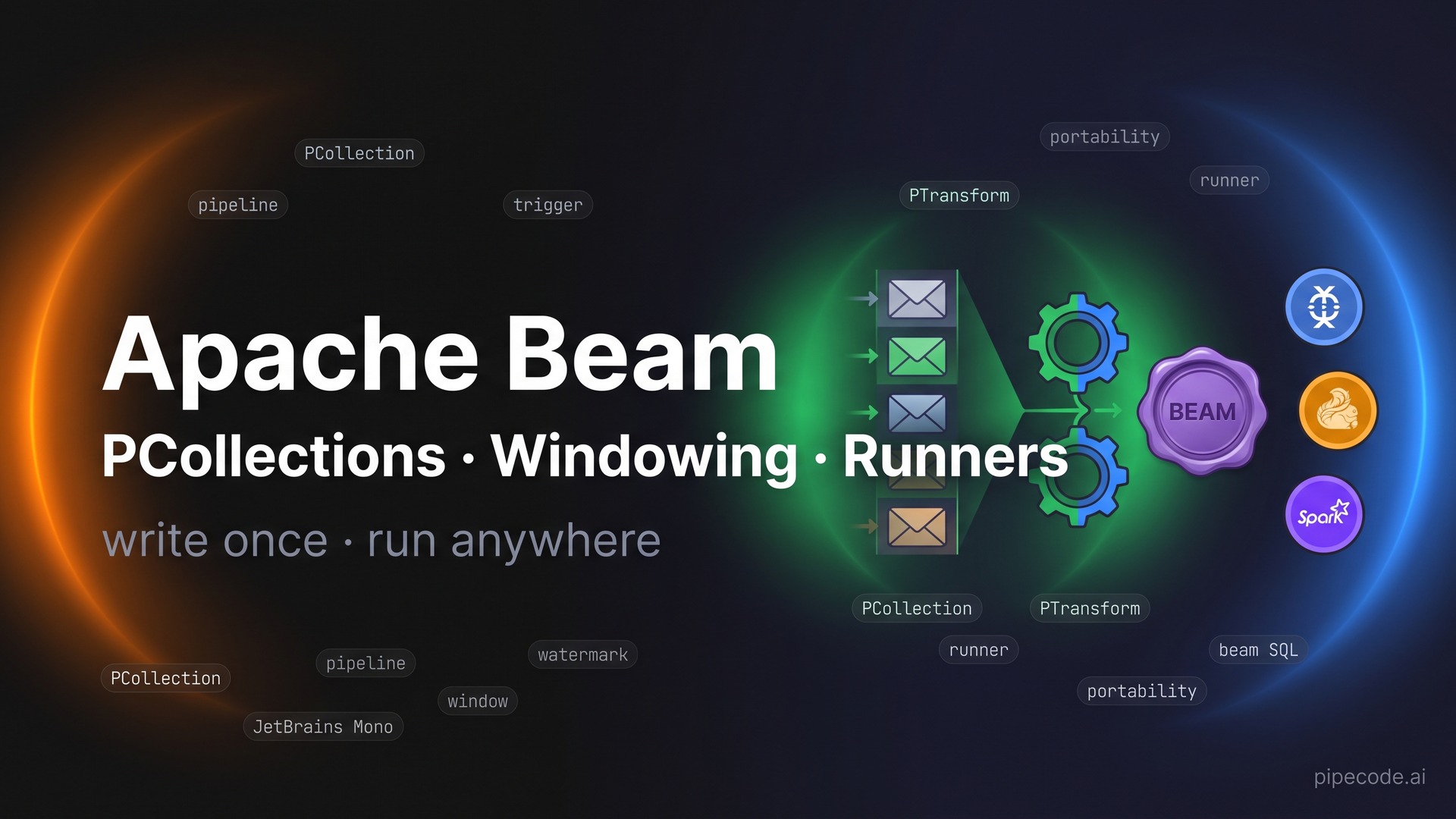 Apache Beam Programming Guide: PCollections, Windowing, Runners (Dataflow / Flink)